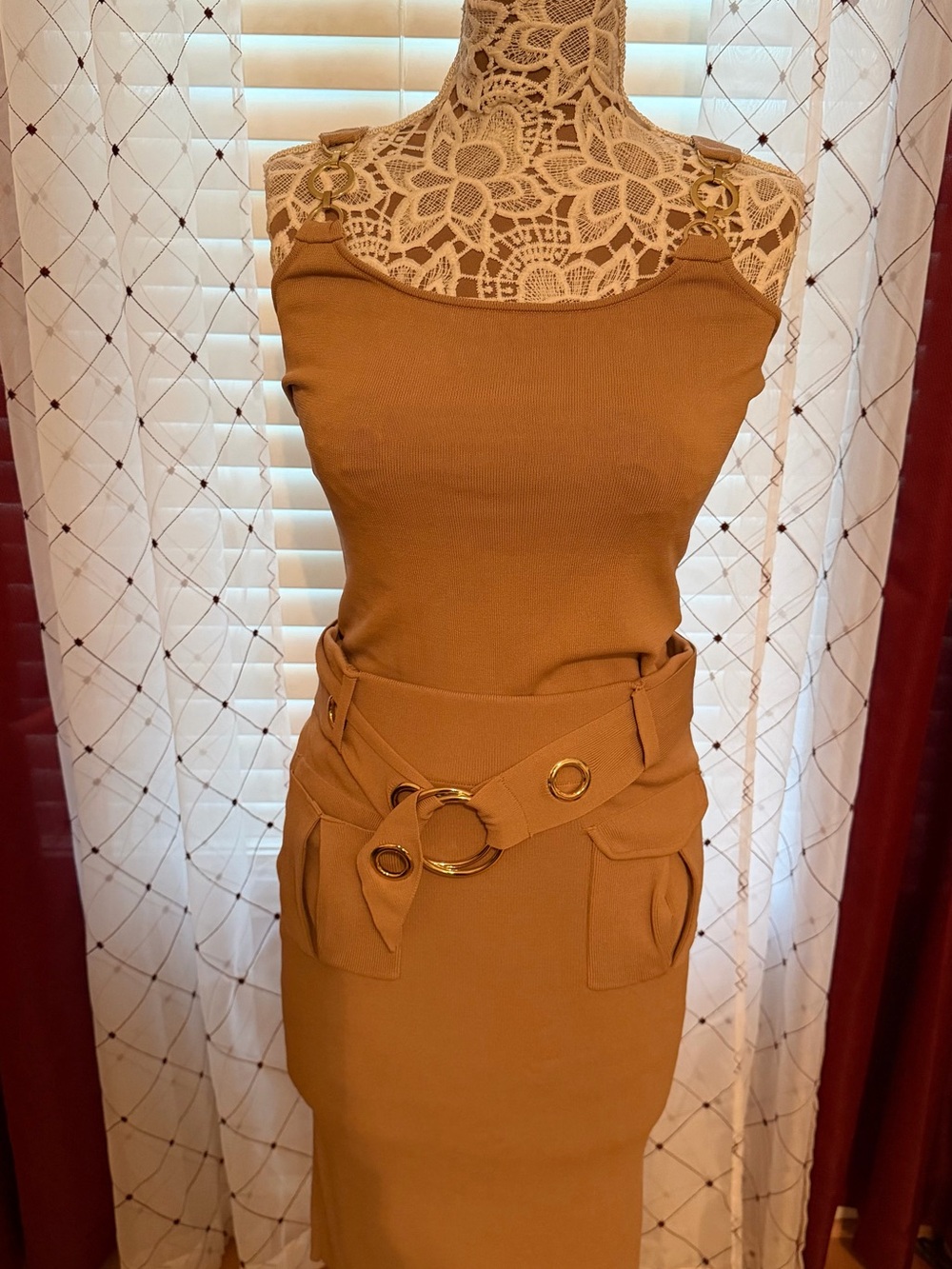 NY & Co. 7th Ave. 2-Piece Ribbed Skirt Set, Camel Tan, Belted Midi, Size M